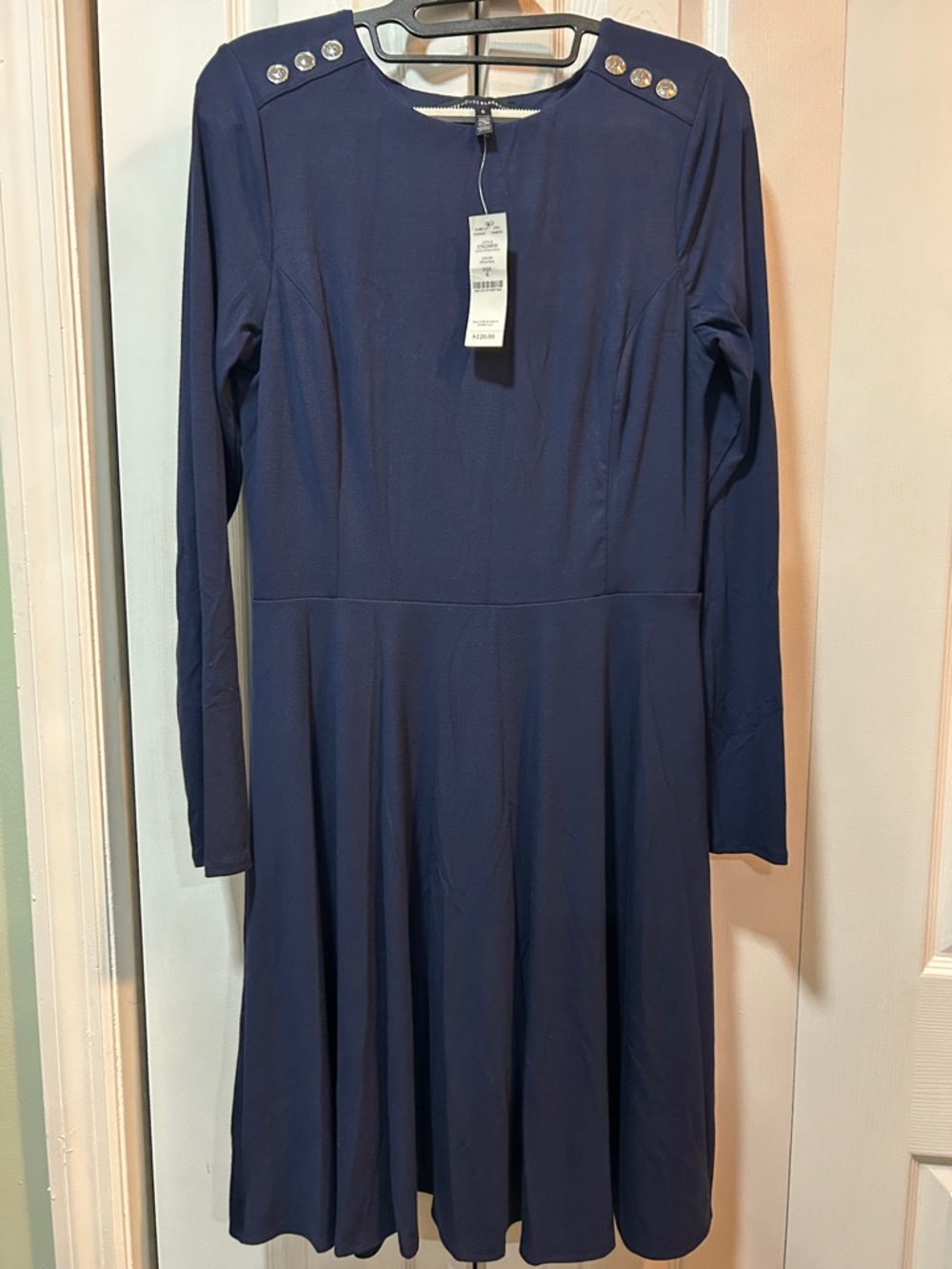 White House Black Market Navy Long-Sleeve A-Line Dress with Shoulder Buttons
